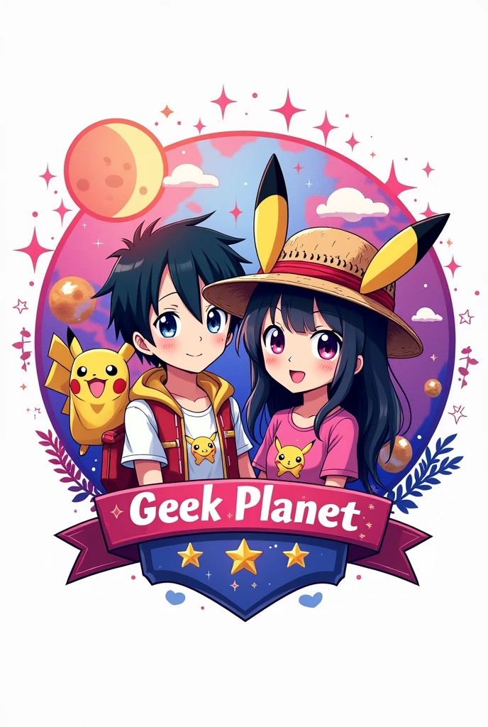 Un logo con un 🌎 en la parte de atrás combinado con el símbolo de estrella corazón y luna creciente en color rosa con morado en la parte superior izquierda, two anime figures a boy with wavy hair and a girl with straight black hair, Pikachu ears and a Pikachu t-shirt and with Luffy's hat from One Piece and with the name Geek Planet in the middle (with vivid colors the whole image) with white background
