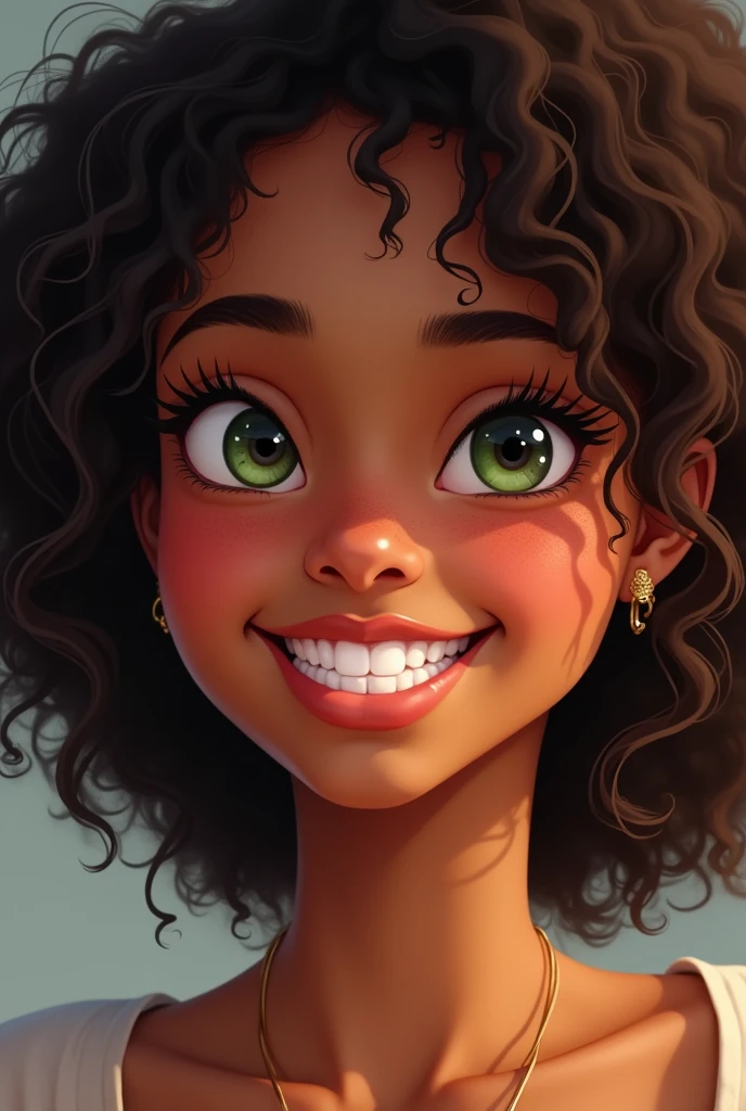a black girl with brown skin with green eyes almond shaped eyes long wispy lashes button nose full pink lips curly dark brown hair arched eyebrows smiling showing dimples and pearly straight white teeth freckles