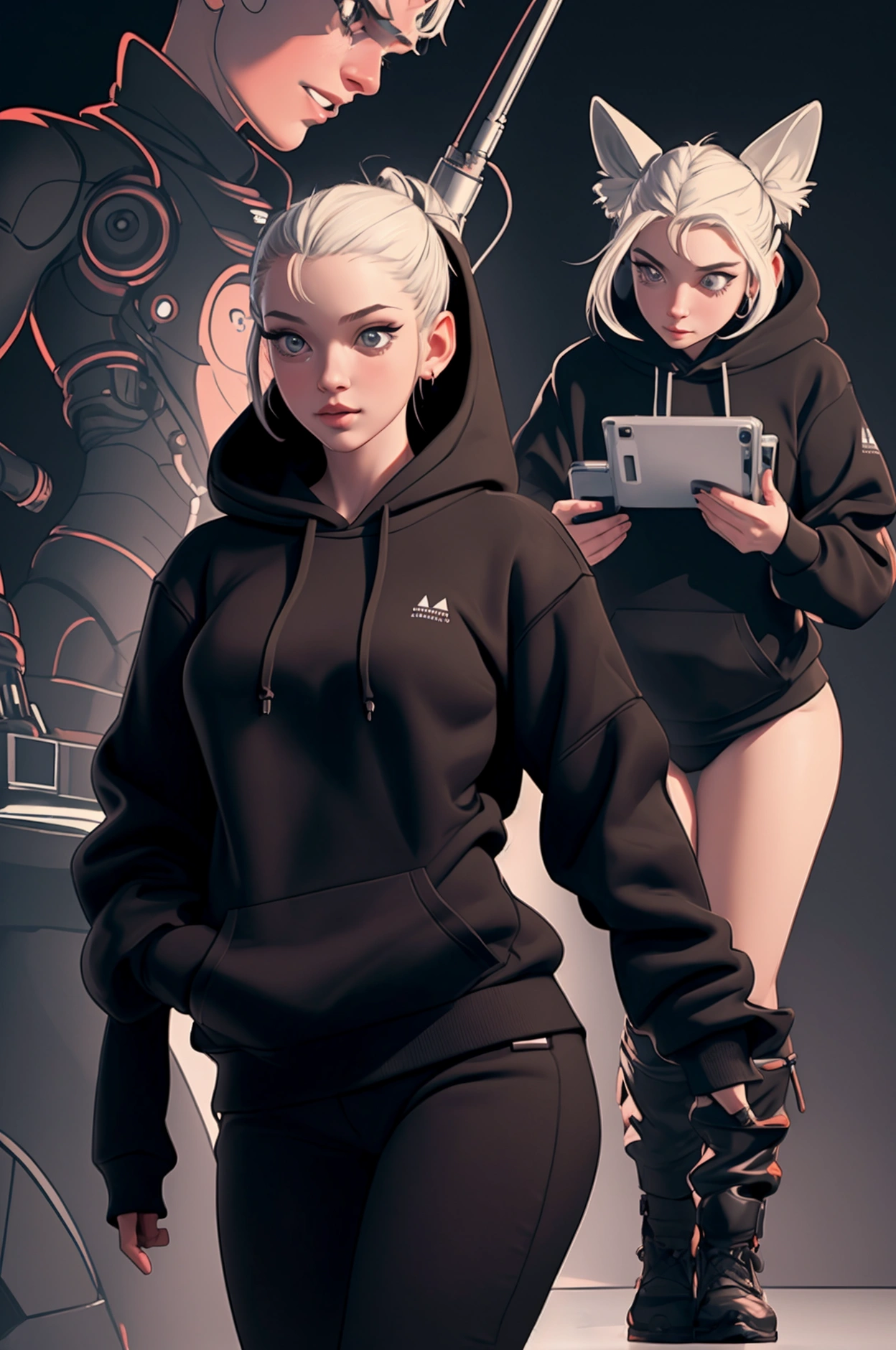 ((best quality)), ((masterpiece)), (in detail), 1 girl, naked, candid pose, science fiction, techno, black hoodie,