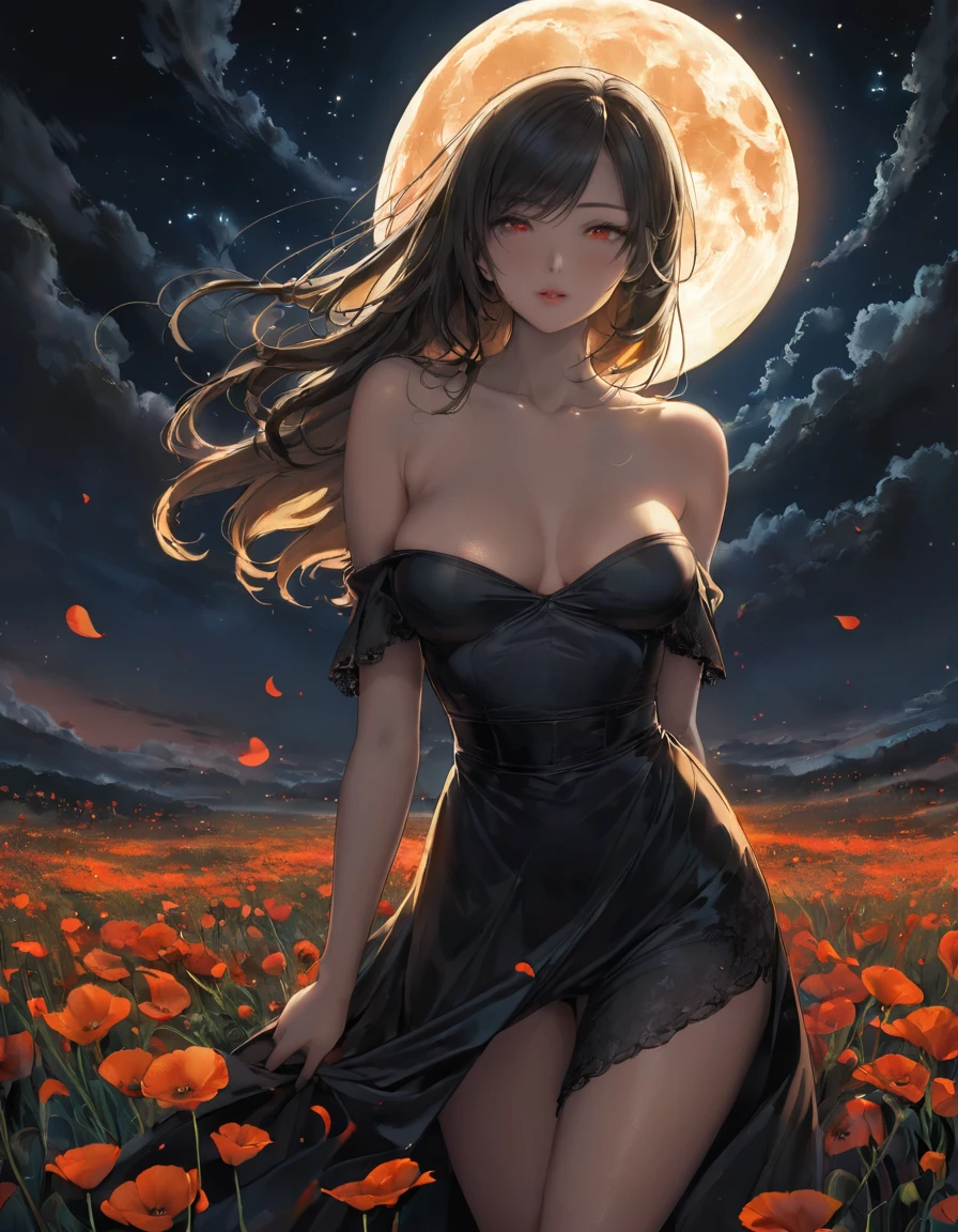 A digital illustration depicts a young woman standing in profile among a sea of vibrant black flowers, likely poppies, in a mystical field at night. The woman has short blonde, sexy Sensual seios empinados e durinhos decote dark hair that flows dramatically behind her, caught in a gentle breeze, creating a sense of movement and adding depth to the scene. She wears an off-the-shoulder, withe-gold pinkshock dress adorned with intricate floral patterns featuring pink Neon and pink flowers, as well as small geometric designs. Her face is turned slightly upward, eyes closed, and lips slightly parted, exuding a serene and contemplative expression. The background features a massive, luminous full moon red dominating the upper center of the image, casting a warm, golden-orange glow across the scene. The moon's surface is highly detailed with visible craters and textures, creating a surreal and enchanting atmosphere. The sky surrounding the moon transitions from deep midnight blue to a reddish-black hue near the horizon, dotted with scattered stars. The foreground is filled with numerous bright red flowers with orange centers and delicate, paper-thin petals, their slender green stems and leaves visible. Some flowers appear to glow softly, enhancing the magical quality of the scene. Behind the flowers, tall, golden wheat-like stalks add depth and texture to the midground. The overall composition is centered on the woman, with the moon providing dramatic backlighting that highlights her silhouette. The color palette is dominated by deep reds, vibrant oranges, charcoal blacks, and warm yellows, creating a high-contrast, low-luminance scene with rich saturation. The lighting is soft and diffused, emphasizing the ethereal quality of the moment and contributing to the surreal, dream-like quality of the illustration.