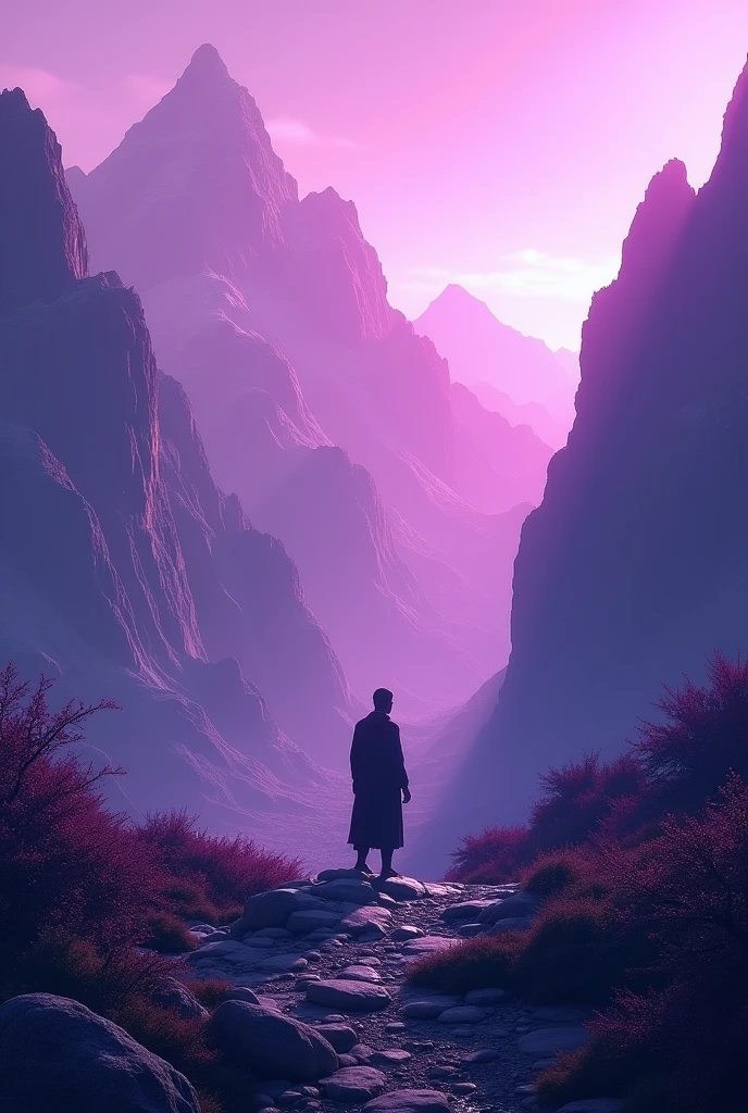 Purple mountain landscape with shadow of man