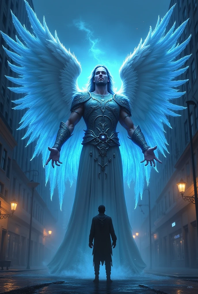 Create a strong and beautiful angel, protecting a man from a demon that wants to attack the man, but without success because the angel does not allow it. Use blue and dark colors. on a street.
