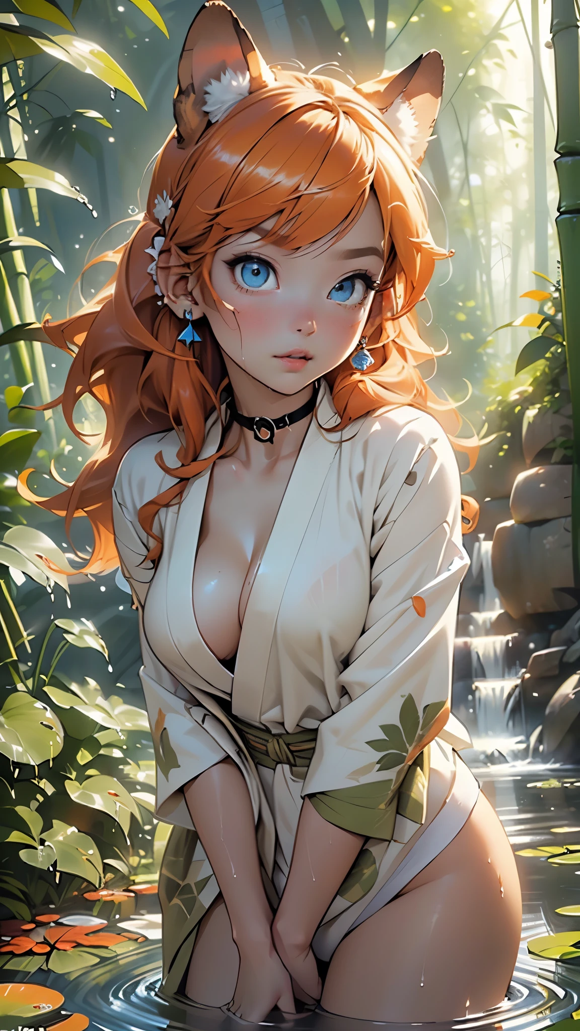japan girl from ancient Japan,1girl,
(large breasts:1.4),((((shiny hair,)))),(((blue_eyes:1.3))),intricate eyes,beautiful detailed eyes,big eyes:1.5,hair orange between eyes, (orange hair:1.5),((animal ears:1.3)),two side up, long hair,((((lustrous skin:1.5,tanned skin,bright skin: 1.5,skin tanned,shiny skin,very shiny skin,shiny body,Reflective skin)))),(spider lower abdomen,narrow waist,wide hip,athletic body,inflated legs,thick thighs,(detailed face)),beautiful detailed lips,(detailed beautiful face and eyes),hmsan, haruhime,
cute,slutty,sensual,seductive look,seductive,((erotic)),opulent,sumptuous,((nsfw)),
((red kimono:1.2)),(kimono,half-naked kimono:1.5),clavicle, (cleavage:1.2), (japanese clothes),((khaki coat:1.2), (white panties:1.2), (choker),(((wet clothes))),choker, obi,
(flirtatious pose:1.3), looking at viewer,embarrassed,centered,scale to fit dimensions,Rule of thirds,
outdoors,(waterfall,bamboo,river,bamboo forest,japanese temple,red lanterns burning,temple in the forest,mossy stairway in the temple,dilapidated temple,bamboo sanctuary,),scenery,extremely scenery,(puddles everywhere,moss,moss on the background),clouds,lily pads,(sunset, golden hour),
(Glossy asian ornaments),highres,sharp focus,(ultra detailed,extremely detailed),(photorealistic artwork:1.37),(extremely detailed CG unity 8k wallpaper),(((vibrant colors,vibrant theme))),(intricate),(masterpiece),(best quality),artistic photography,(photography taken by sldr),(intricate background),perfect rendered face,perfect face details,realistic face,photo realistic,((intricate detail)),(((realism))),