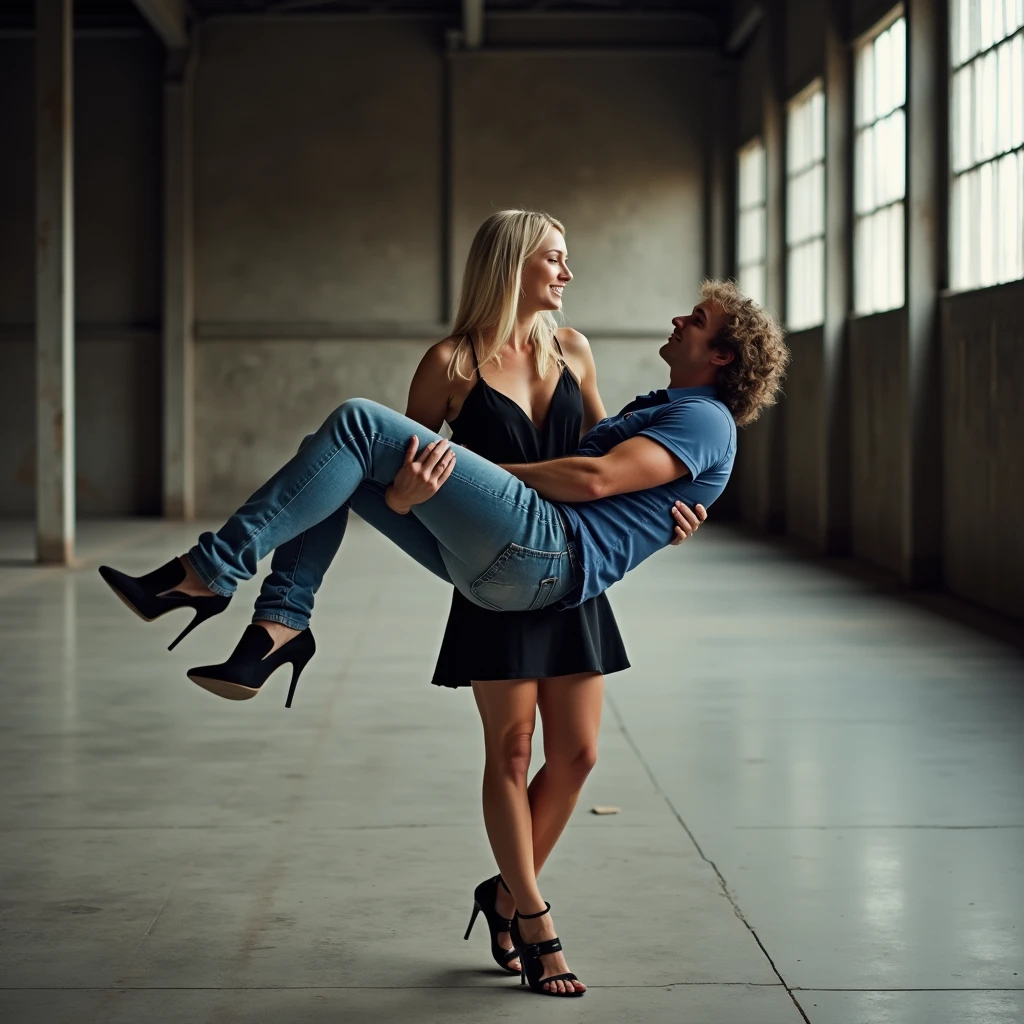A photograph capturing a strong woman holding a man in her arms, as if effortlessly carrying him like a child. The woman has long blonde hair and is dressed in a black skirt and high heels, exuding confidence. The man, wearing jeans and a blue shirt, is relaxed in her grasp, his arms draped over hers. The setting is an industrial warehouse with large windows and metal beams, with soft, natural light filtering through, casting subtle shadows on the concrete floor.