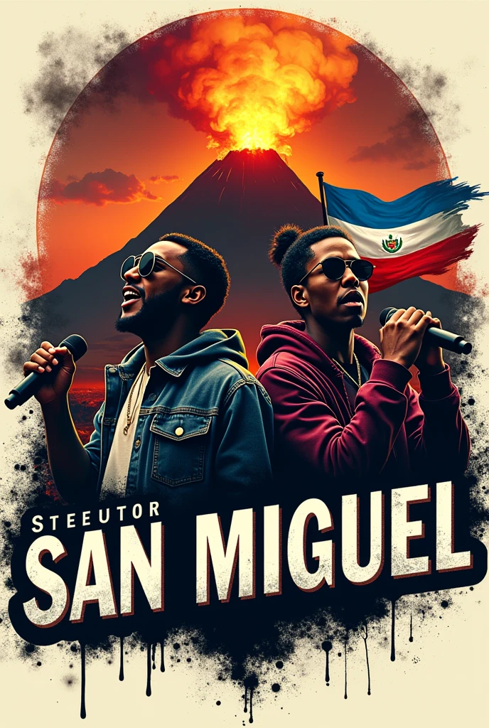 Street rap logo that says San Miguel and has rappers and a volcano and the flag of El Salvador
