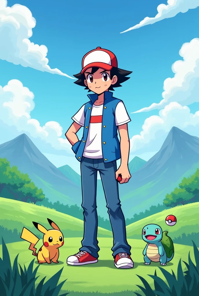 First generation pokemon trainer in 3d pixel anime style, from pokemon Blue Red and Yellow of the first generation