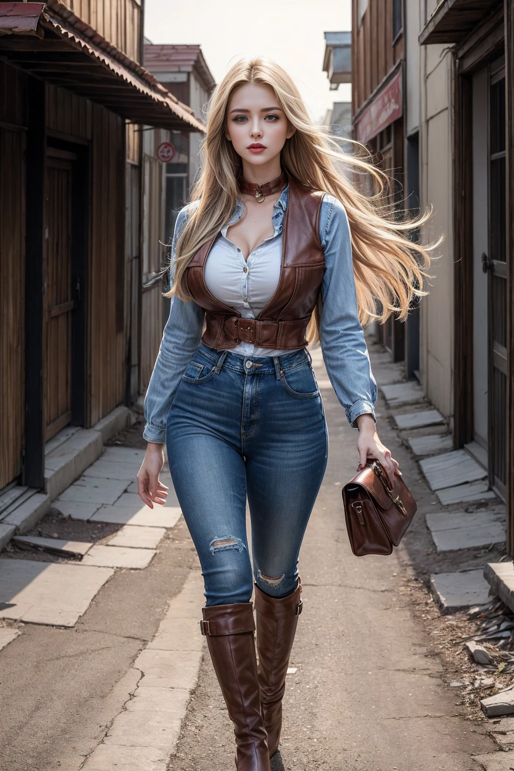 Woman wearing denim clothing, circa 1880s, Long straight blond hair, Brown eyes, High arched eyebrows, Slender and graceful neck, Red lips, Large Breasts, Brown Leather Leggings, Sleeveless Brown Leather Vest, Leather Boots, Walking on the dusty sandy streets of a deserted North American town，The wind blew through her hair, Practical, photoPractical, photoPractical, Fear, Dark atmosphere and dramatic lighting, Dark Red, Foggy environment, Detailed facial expressions, Thick fog