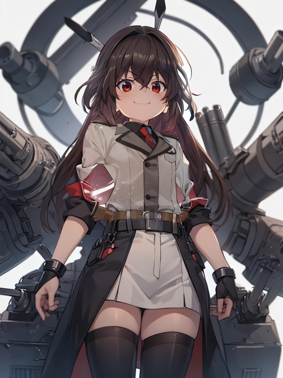 anime character with long hair and red eyes standing in front of a white background, kantai collection style, female protagonist 👀 :8, eight eight eight, anime visual of a cute girl, anime visual, konpeki no kantai, rb6s), anime cover, kancolle, ƒ5.6, ƒ/5.6 8k, Highly Detailed, Masterpiece, source_anime, best quality, beautifully detailed eyes and beautifully detailed hair, 1girl, solo, , , Anime-style illustration featuring a confident character with long, dark hair and striking red eyes. The character is wearing a light-colored, buttoned-up uniform with black trim and a red tie. The uniform includes a belt with a silver buckle and dark cuffs. The character's expression is determined, with a slight smirk on their face. The background is simple and light, focusing attention on the characte