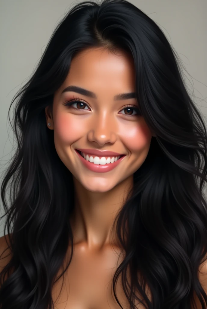 Realistic American long black hair woman smiling