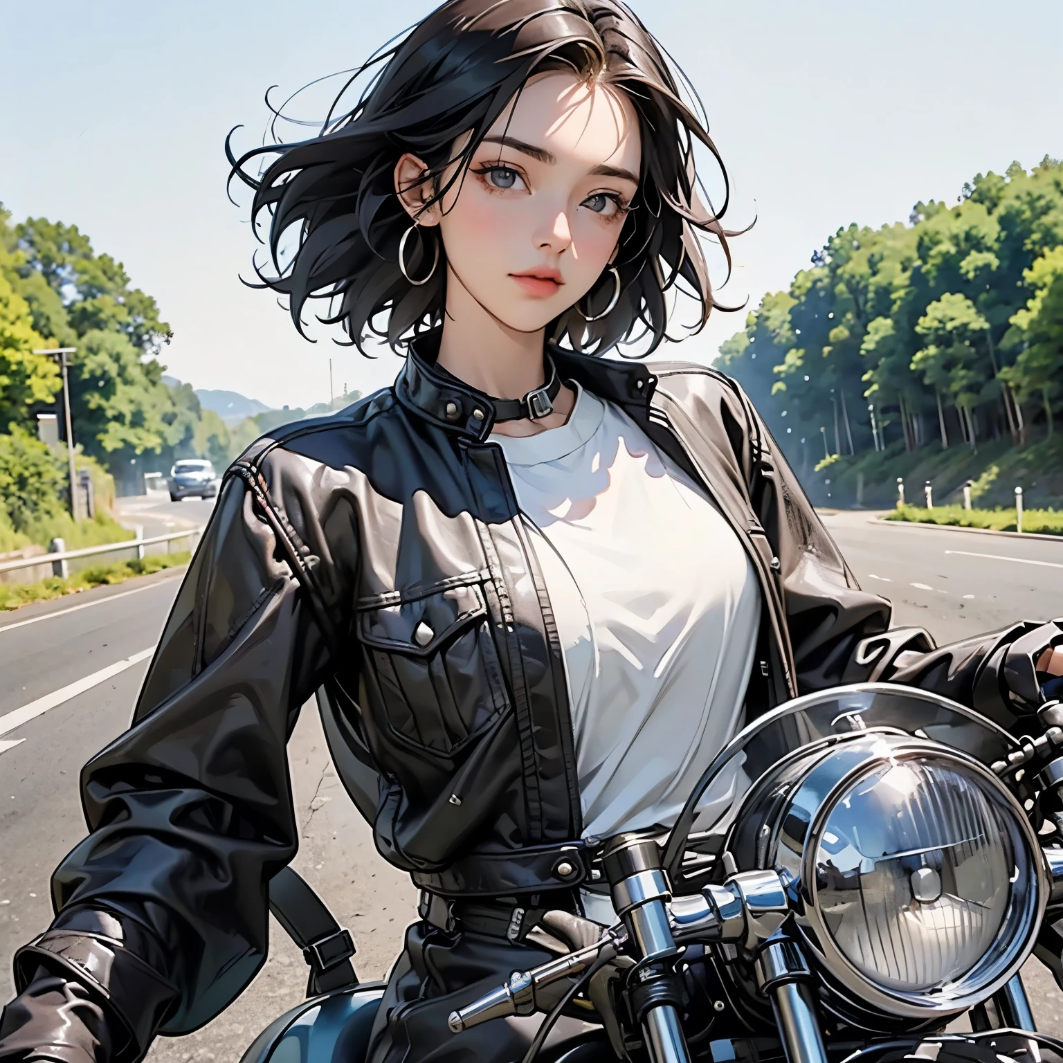 Bluff Superior SS100、(クラシックRiding on motorcycle )、(Vintage Bikes、Bluff Superior SS100)、Isle of Man Races、 (Riding on motorcycle:1.2), Beautiful young woman、18-year-old、Beautiful Face, Beautiful delicate eyes, Black Hair, Short Bob Hair,  Classic Leather Jacket、Cromwell helmet with goggles、After the Rain、English countryside、 Detailed Description、(Highest quality, masterpiece, High resolution)、8k、wallpaper
