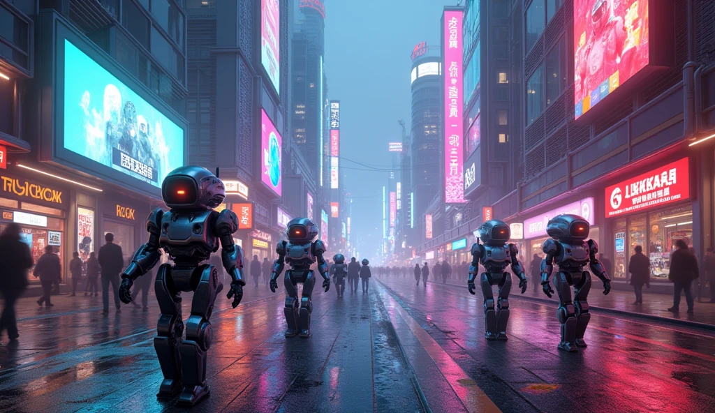  A night street in a futuristic city, illuminated by vibrant neon lights of various colors. The scene shows robots walking side by side, interacting with each other. The architecture is sleek and modern, with towering glass and metal buildings. Holographic advertisements float in the air, showing vivid images. The street is wet and reflects the neon lights, adding a shimmering effect to the atmosphere. The atmosphere is lively but slightly mysterious, with the hum of technology mixed with background noise.


 