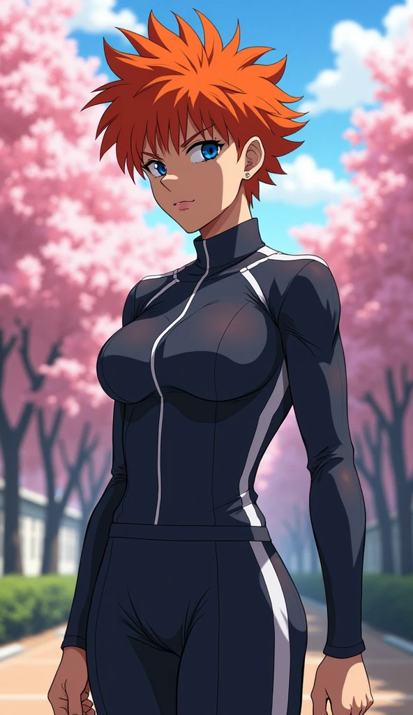 Create a live-action image of a gender-swapped Kazuma Kuwabara from Yu Yu Hakusho, depicted as a real human woman. She is tall, with a strong, muscular build and a larger chest. Her outfit is a modernized version of a school uniform, made from realistic fabric that is tight-fitting to emphasize her athletic physique. Her short, spiky orange hair should be styled in a natural, believable manner. Her expression should be determined and fierce, reflecting her strong sense of justice. The background should be a realistically detailed schoolyard with cherry blossom trees, capturing the setting in an authentic way.