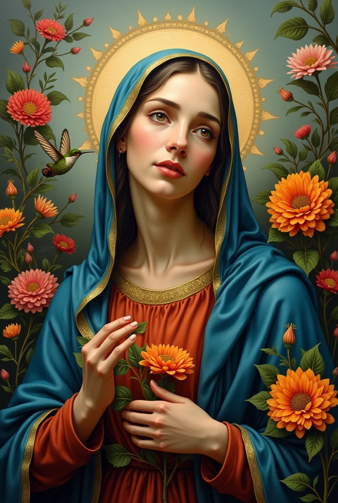 ((best quality)), ((masterpiece)), (detailed), virgin mary with jew heritage, with a hummingbird in a flower
