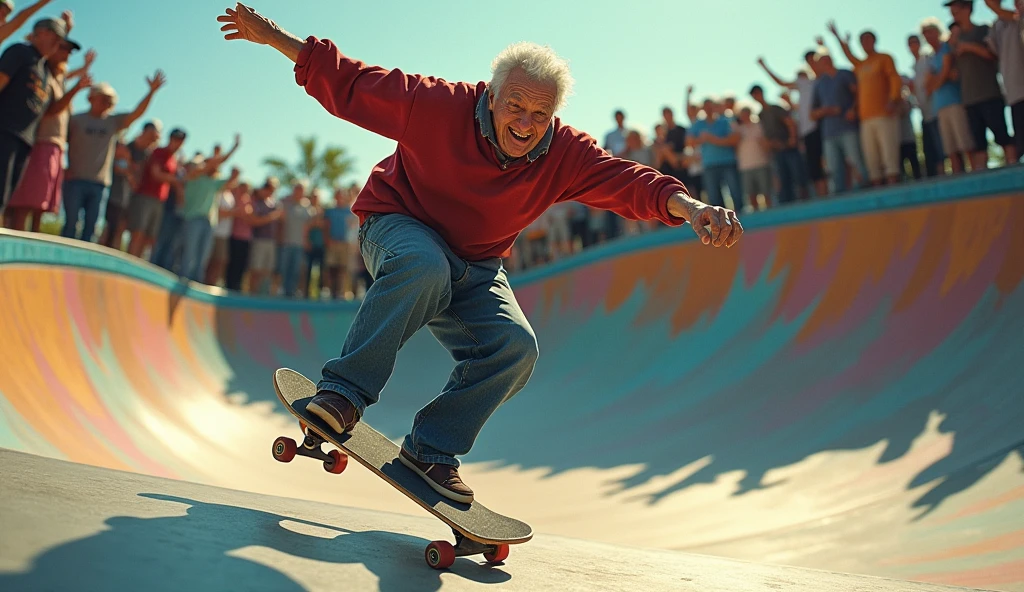 A senior citizen skateboarding on a skate track, performing an ollie trick, other seniors cheering enthusiastically from the ramp, detailed facial features, photorealistic, high quality, cinematic lighting, vivid colors, master painting