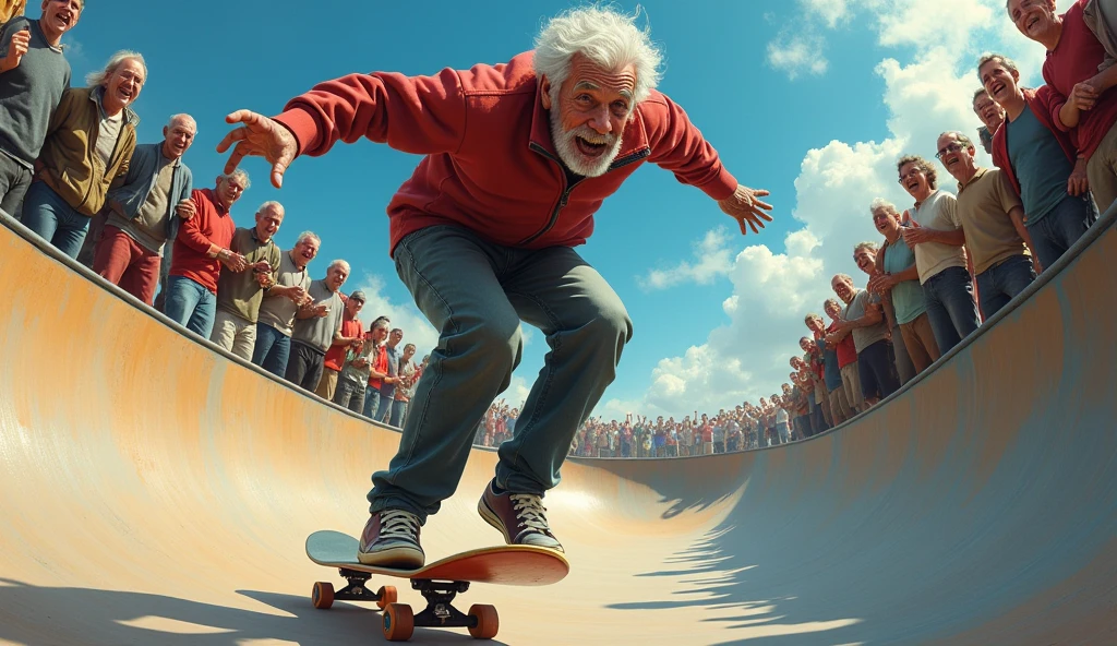 A senior citizen skateboarding on a skate track, performing an ollie trick, other seniors cheering enthusiastically from the ramp, detailed facial features, photorealistic, high quality, cinematic lighting, vivid colors, master painting