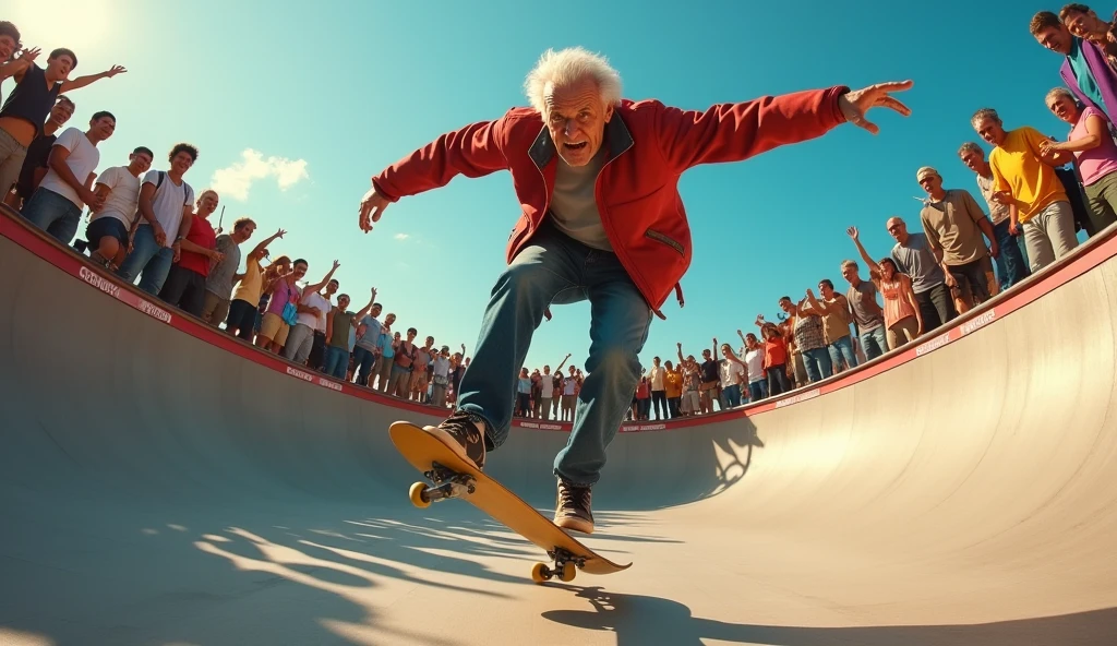 A senior citizen skateboarding on a skate track, performing an ollie trick, other seniors cheering enthusiastically from the ramp, detailed facial features, photorealistic, high quality, cinematic lighting, vivid colors, master painting