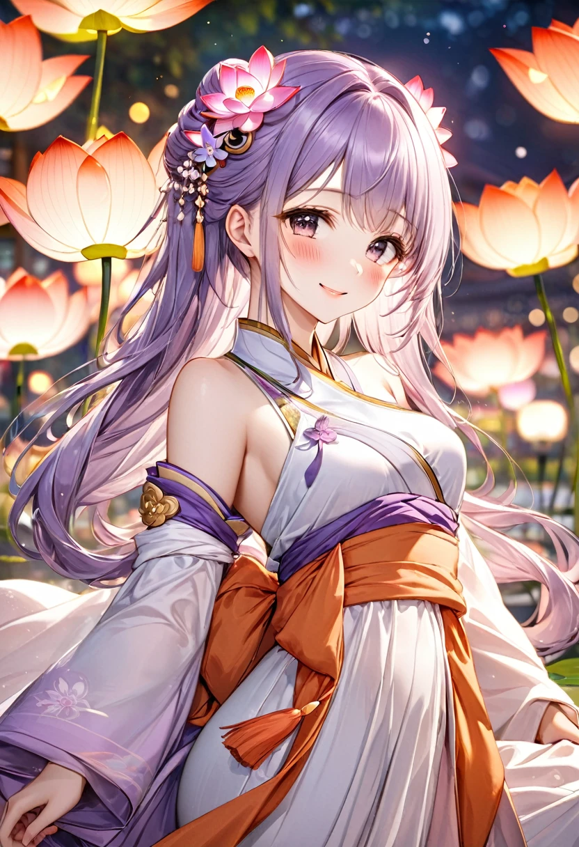 Excellent quality, work of art, High Resolutiabout, 1 girl, blush, (seducing smile: 0.8), Star Student, Chinese Hanfu Lilac, hair accessories, necklase, jewerly, Beauthfull, about_cos, Tyndall effect, 真实感, Lotus Paboutd, clear edge, Two-taboute Lighting, (high detail skin: 1.2), 8k hd, dslr, smooth light, high qualiy, volumetric lighting, candid photo, High Resolutiabout, 4K, 8k, Background bokeh