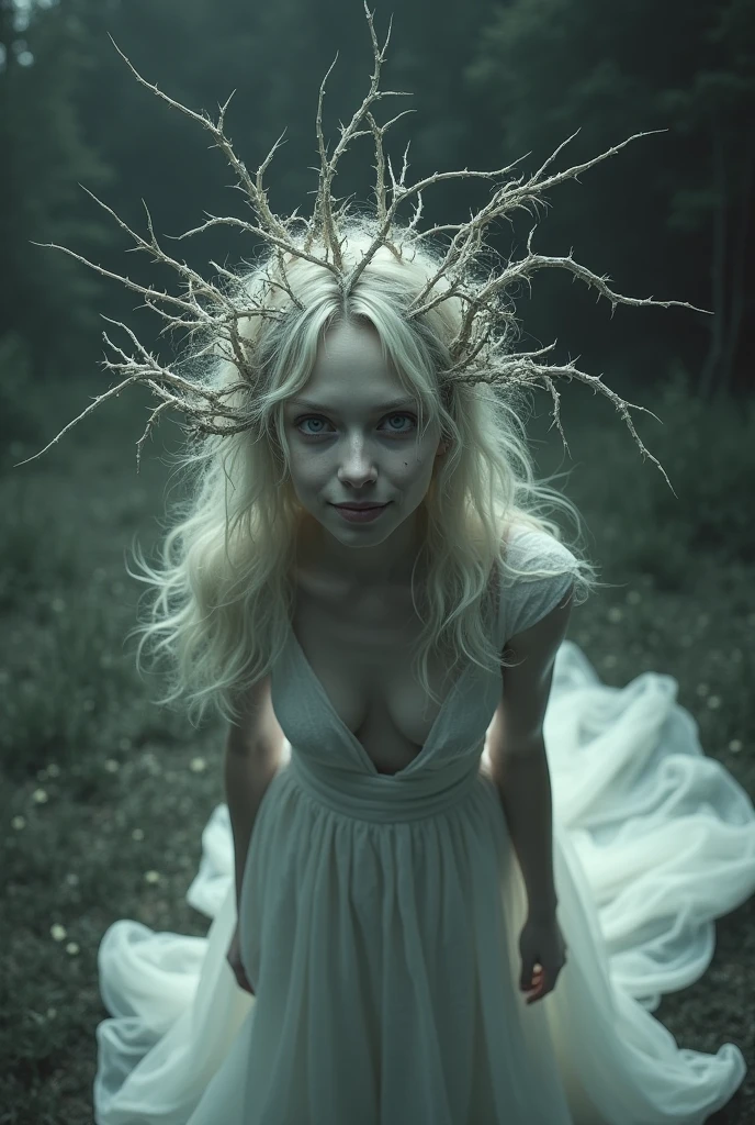 cinematic film still, from above, juxtaposition disturbing photo of a woman3 wearing white dress with her eyes opened covered in hair and thorns, alone, monochrome, grayscale, blank stare, slight smile, non-human, plant, Aesthetic (subject) juxtaposition, artistic, photography, dramatic light, dramatic shadow light, contrast, saturated color, cinematic, filmic, photorealistic, realism, perfection, perfect, juxtaposed, opposite, different things, side by side, syncretism, antithesis, juxtaposition style (subject), creative, photorealism, hyperrealism, fine art photography style, fine art cinematic photography style, shallow depth of field, vignette, highly detailed, high budget, bokeh, cinemascope, moody, epic, gorgeous, film grain, grainy