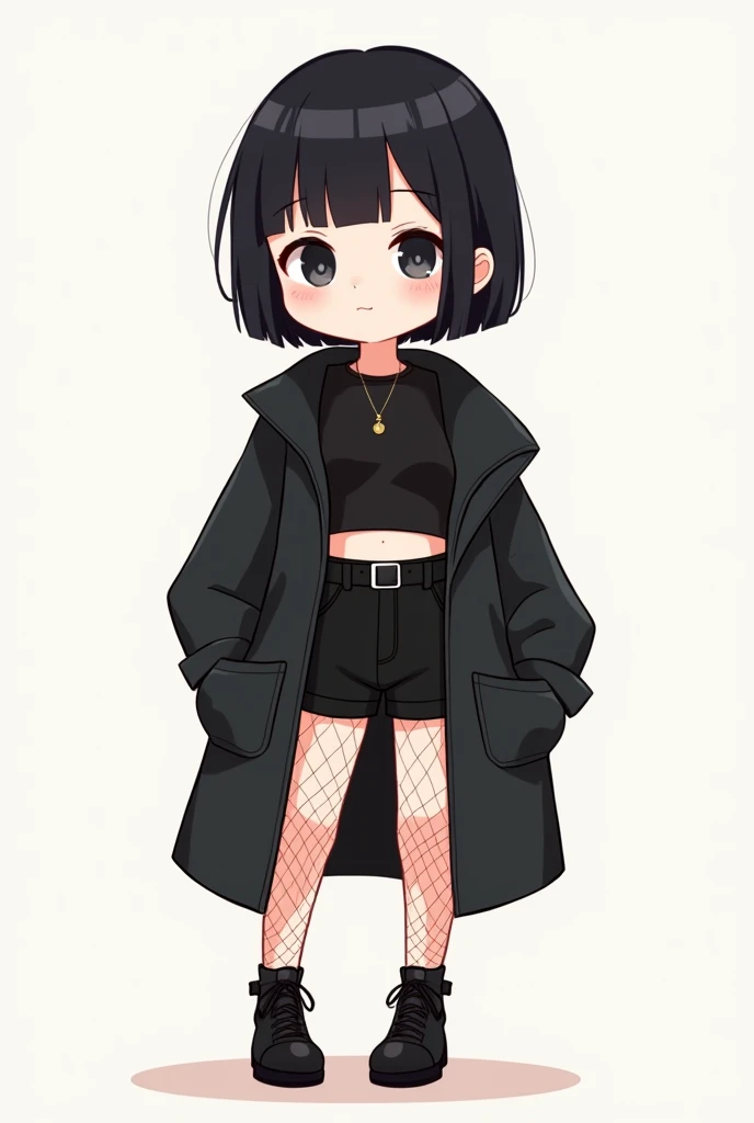 make a cute and minimalist cartoon illustration, of one with short black hair, short bangs, ela usa cropped preto, black apple watch on the arm, wears black coat, wears black shorts and fishnet stockings, make it cute