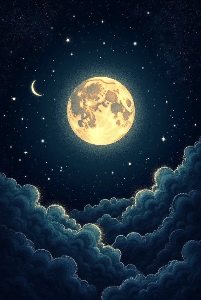 A drawing of the night sky but only the moon and the sky, using the pointillism drawing style., I said with pure pointillism