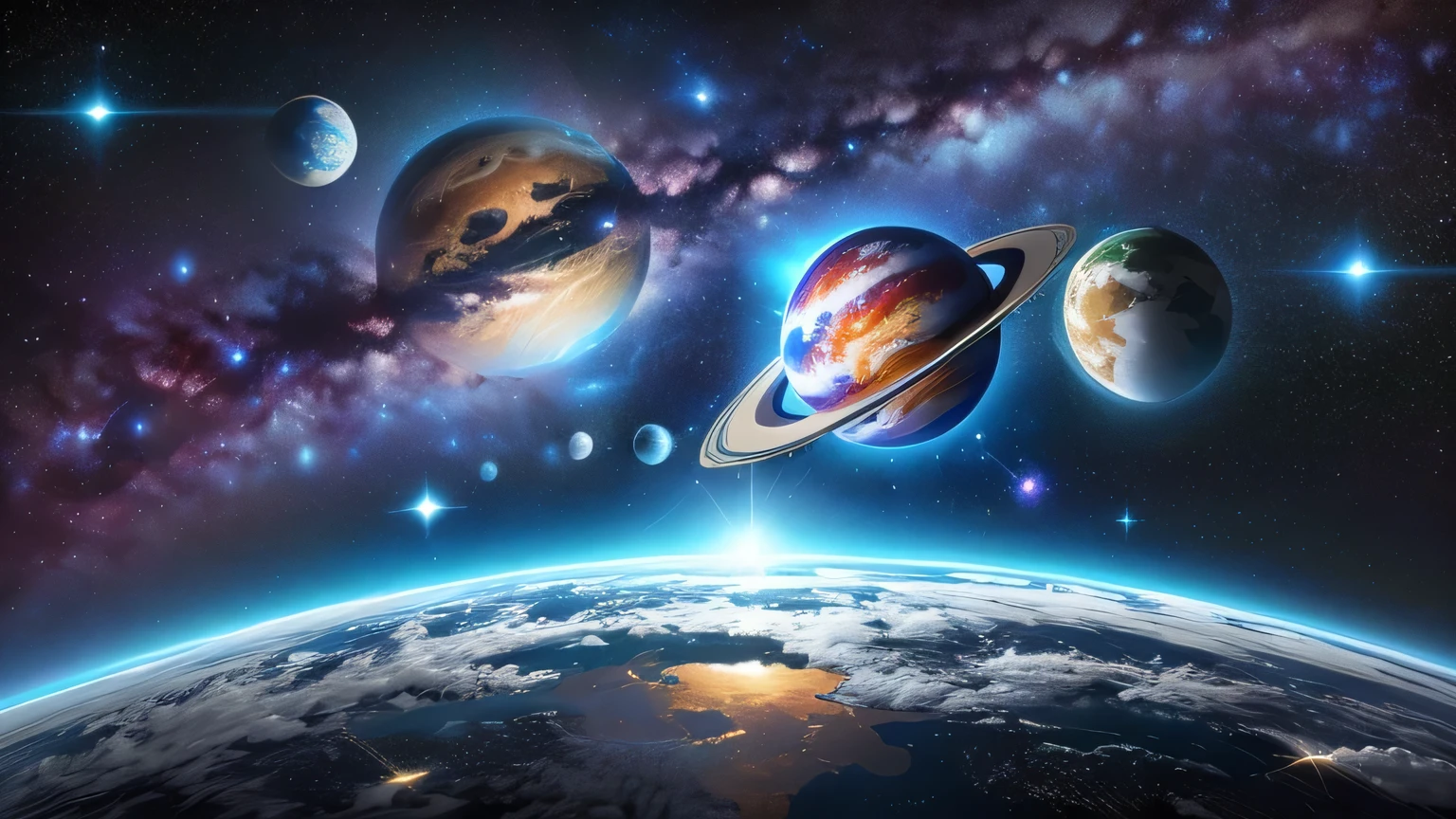 Planetas in the sky with a star filled background and a planet in the foreground, large Planetas in the background, Planetas in the background, Planetas in the skies, Planetas and galaxies, Planetas in the sky, Planetas behind, Planetas and stars, Planetas, five Planetas, planeta e estrelas, Planetas align, Planetas on the background, Planetas in orbit, foto do espaço, floating Planetas