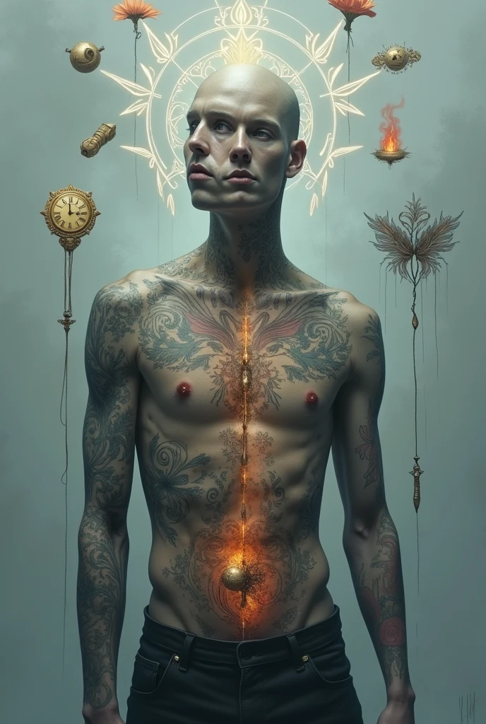 Central Figure: A human figure without facial features, with partially transparent skin, showing tattoos all over his body.
tattoo's: Various symbols, Palavras, and colored drawings emerging from within the figure, representing identity and lived experiences.
fund: Abstract with soft shades of gray and blue, suggesting an introspective and reflective environment.
energy flow: Lines of light connecting the figure's head and chest to the tattoos, symbolizing the relationship between mind (subjectivity) and body (corporeality).
Narrative elements: Floating icons around the figure, like clockwork, a flower, and a flame, representing moments of life.
circular patterns: A smooth pattern around the figure, simbolizando o fluxo contínuo de identidade e subjectivity.