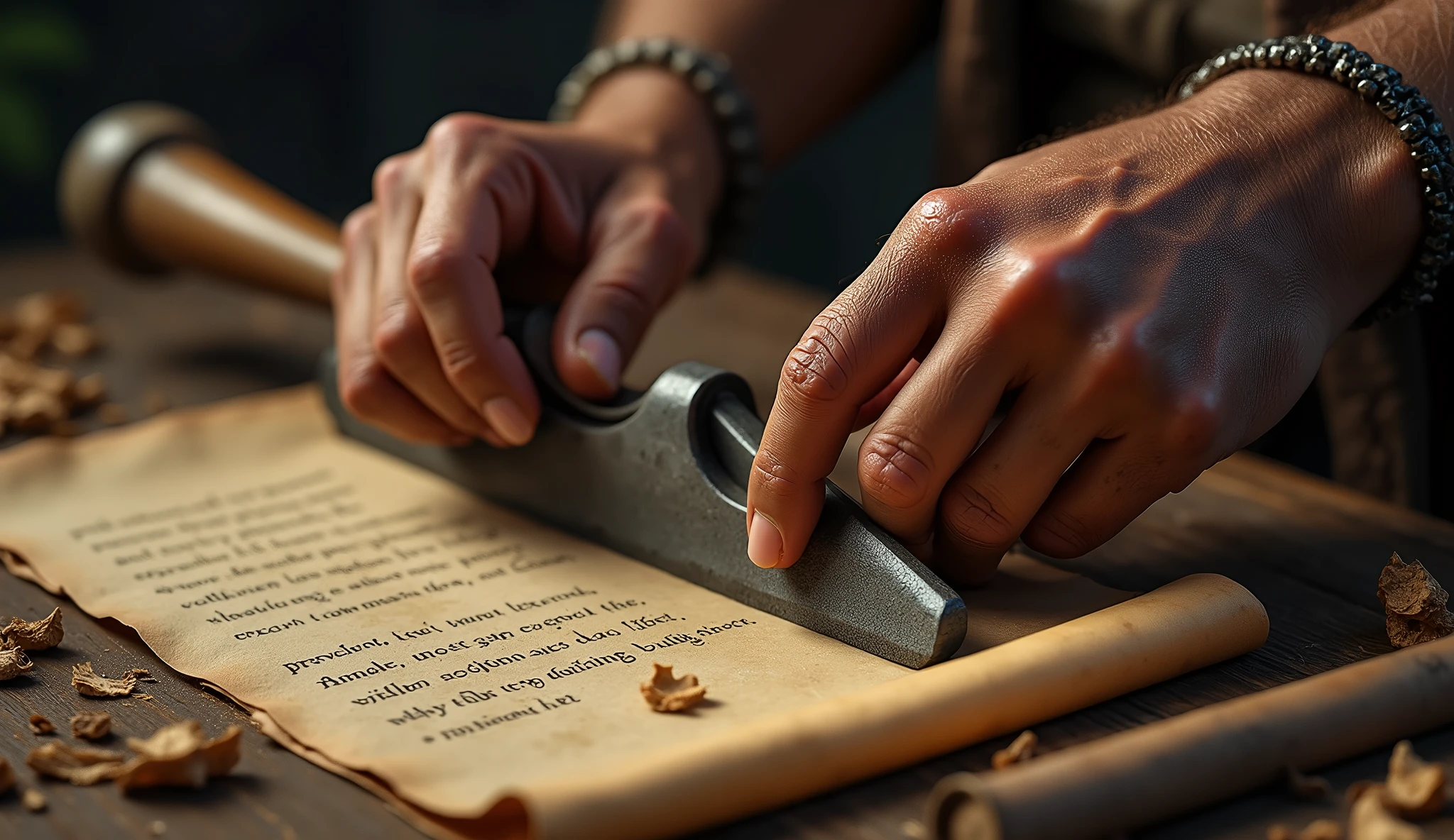 Create a hyper-realistic and mysterious image of calloused hands holding an ancient carpentry tool, with wood chips falling onto a worn work table. Beside the hands, a small rolled parchment, partially open, reveals the quote from Proverbs 14:23. The background should be softly blurred, with a golden light that illuminates the hands and the tool, creating an atmosphere of dedication and effort. The scene should highlight the importance of hard work, suggesting that it is through work that true prosperity is achieved.