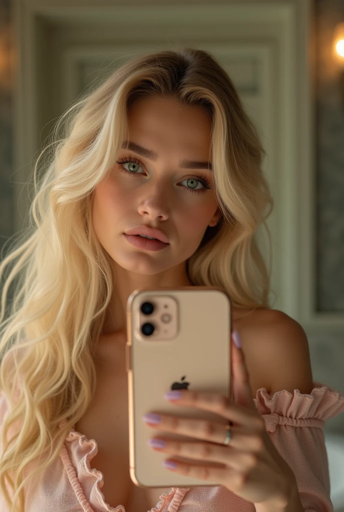 (best qualityer))), highly detailed, high resolution. Mulher de 25 aphis, blondie hair, clear green eyes, fleshy lips, heavy make-up, phi ((phi banheiro )) in front of the mirror taking a photo,  front view holding iPhone pro Max 15 detail apple symbol on cover 
