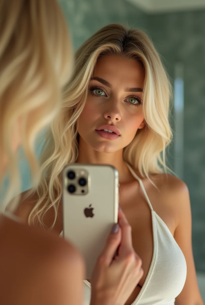 (best qualityer))), highly detailed, high resolution. Mulher de 25 aphis, blondie hair, clear green eyes, fleshy lips, heavy make-up, phi ((phi banheiro )) in front of the mirror taking a photo, front view holding iPhone pro Max 15 detail apple symbol on cover