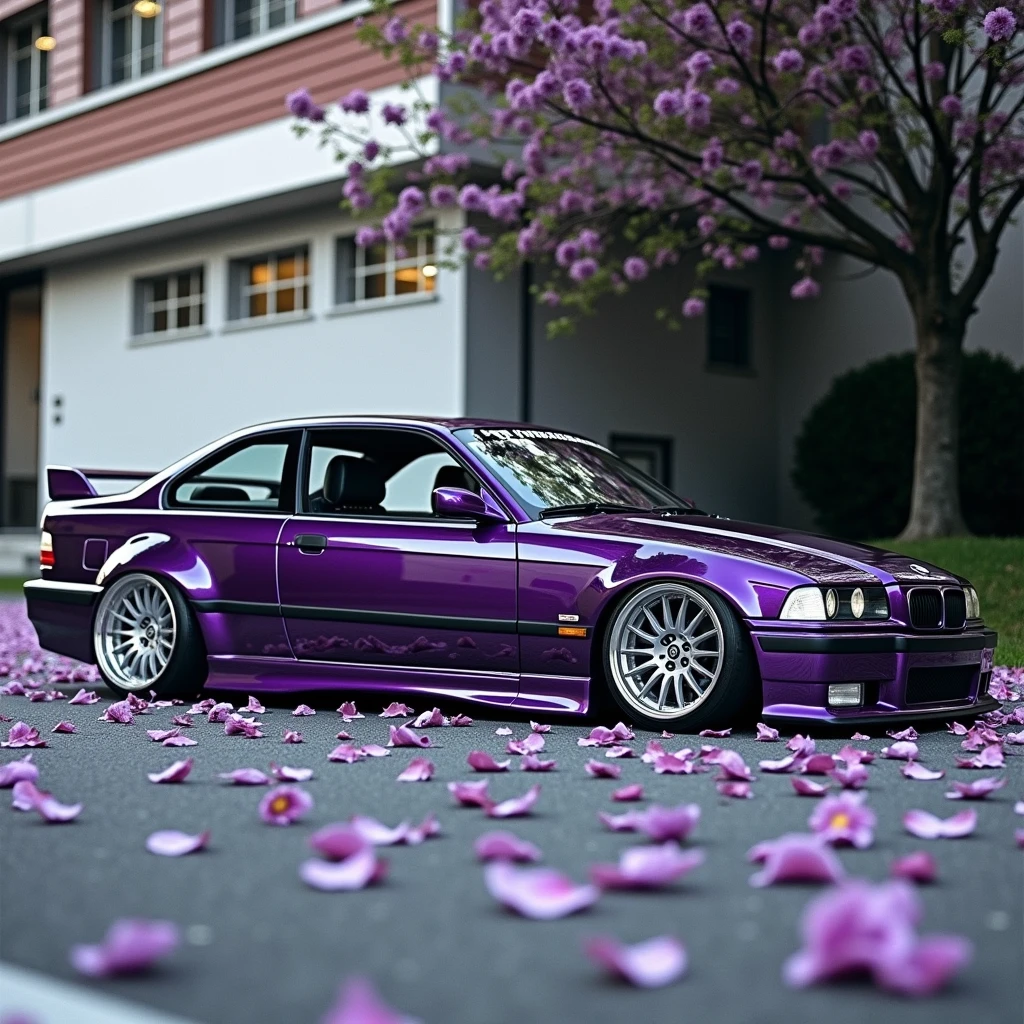 Create an image of a 1998 bmw e36 m3 coupe in purple, with square airfoil, with 1980 pontiac wheels in silver color, covered in purple rose petals 