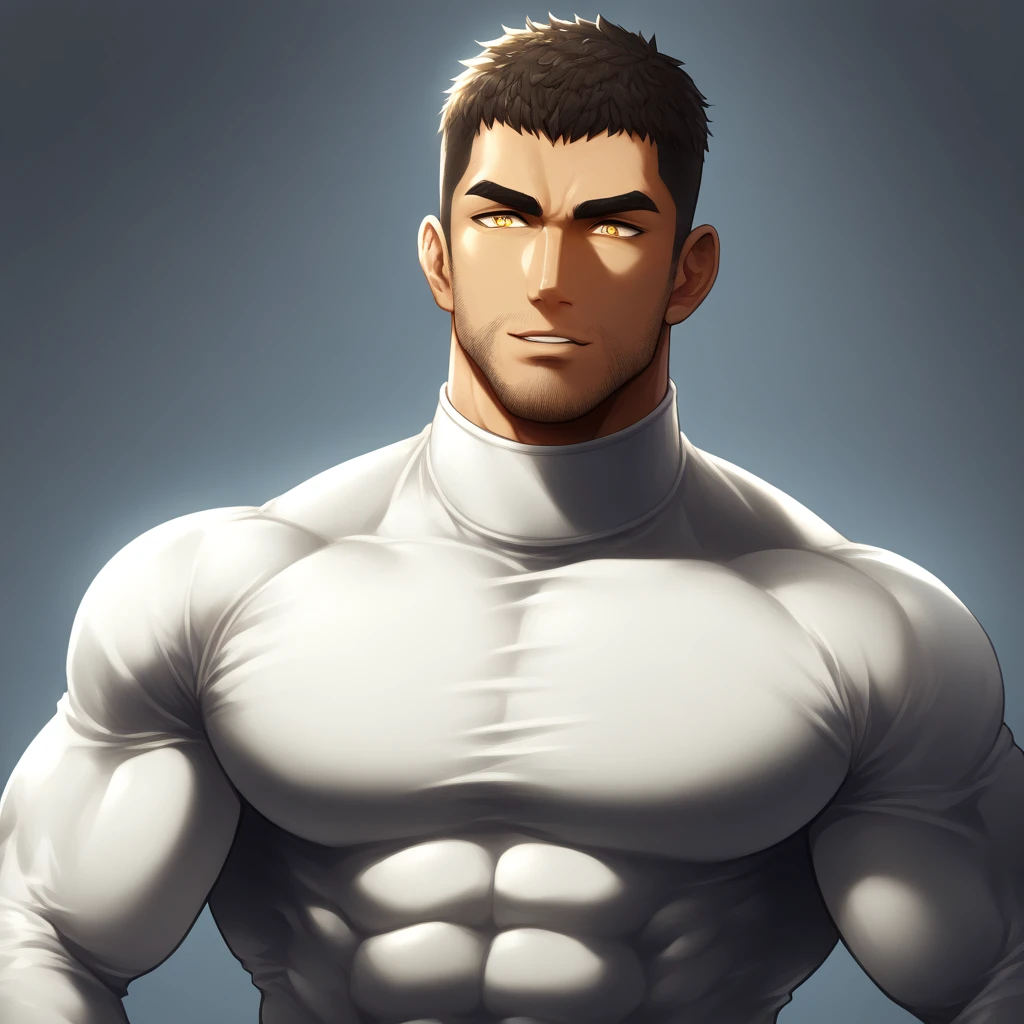 anime characters:Gyee Chris Redfield, Muscle Sports Student, negro black skin, 1 dark skin muscular tough guy, Manliness, male focus, Light yellow high collar long sleeve tight T-shirt, Slightly transparent material, Very tight, Round, full and perky chest muscles, Slightly transparent, muscular male, muscular, only, Upper body, alone, Black short hair, Thick eyebrows, stubble, Yellow eyes, Grey background, simple background, amazing quality, best aesthetics, Ridiculous, bright pupils, crew cut, parted lips, seductive smile, torogao, naughty face, drop shadow, best quality