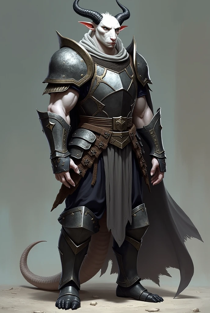 Create a dragonborn, He has no wings, he has white skin, he is less strong, ele é um draconato de dungeons and dragons, he wears heavy armor and has no wings, your armor covers your entire body, he has small black horns, its horns are curved backwards