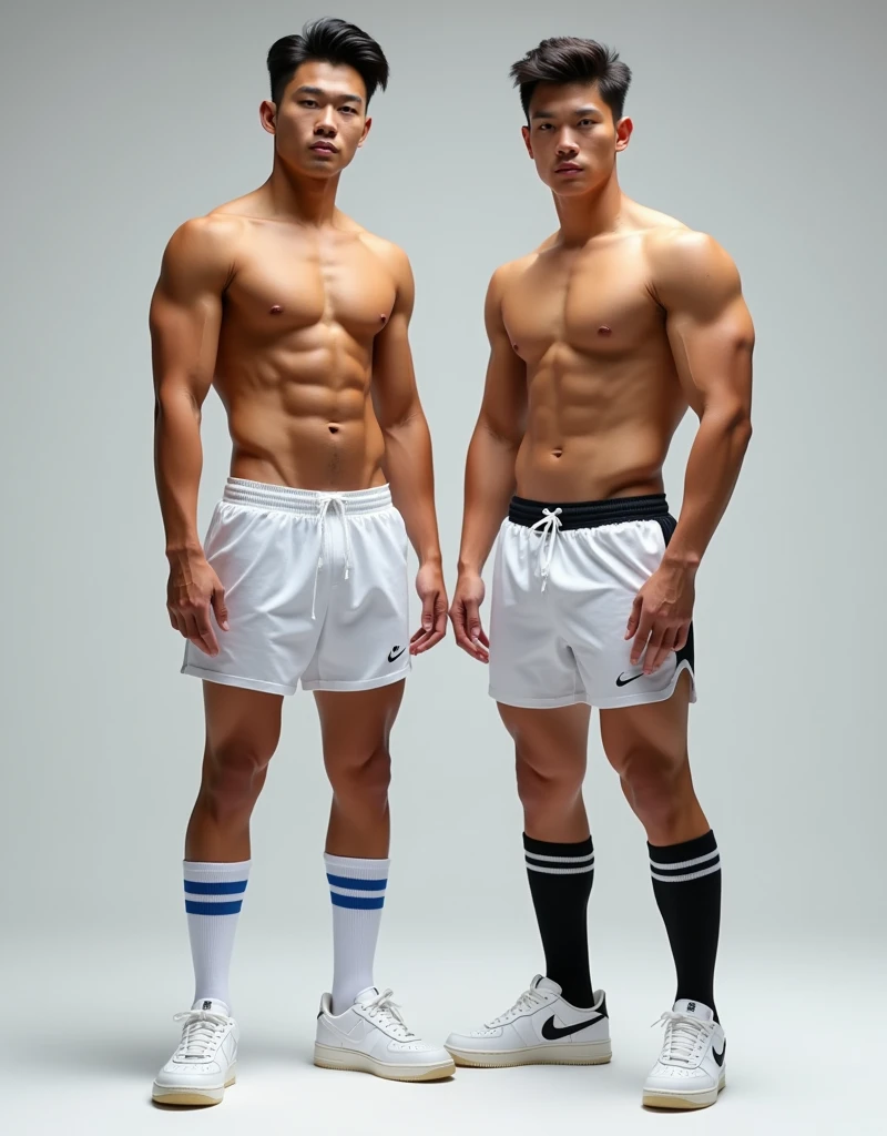 2 handsome, tall, slim Asian men with black hair. The 1st Asian man is shirtless, wearing micro shorts, white long socks with 2 blue stripes, and white Air Force ones. The 2nd man is shirtless, wearing white micro shorts, black long socks with 2 white stripes, and Air Jordans. Both looking at the viewer.