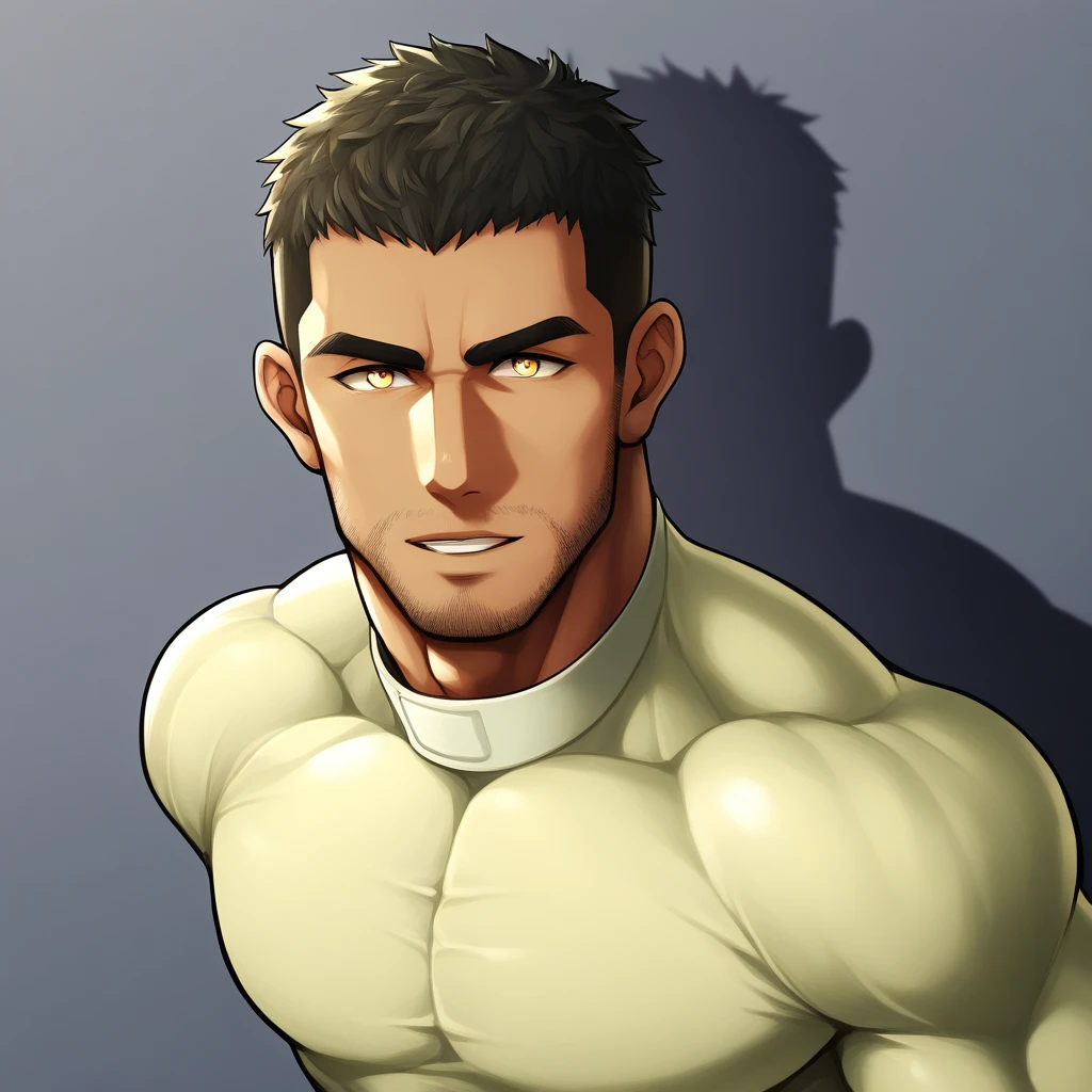 anime characters:Gyee Chris Redfield, Muscle Sports Student, negro black skin, 1 dark skin muscular tough guy, Manliness, male focus, Light yellow high collar long sleeve tight T-shirt, Slightly transparent material, Very tight, Round, full and perky chest muscles, Slightly transparent, muscular male, muscular, only, Upper body, alone, Black short hair, Thick eyebrows, stubble, Yellow eyes, Grey background, simple background, amazing quality, best aesthetics, Ridiculous, bright pupils, crew cut, parted lips, seductive smile, torogao, naughty face, drop shadow, best quality