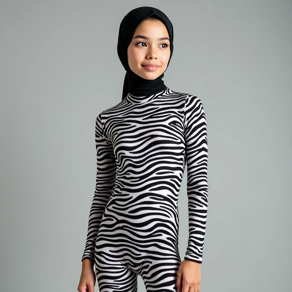 a most beautiful Asian muslimah woman with light purple leopard print hijab wears leopard print unitard catsuit.She always wear light purple leopard print hijab covered with spots.