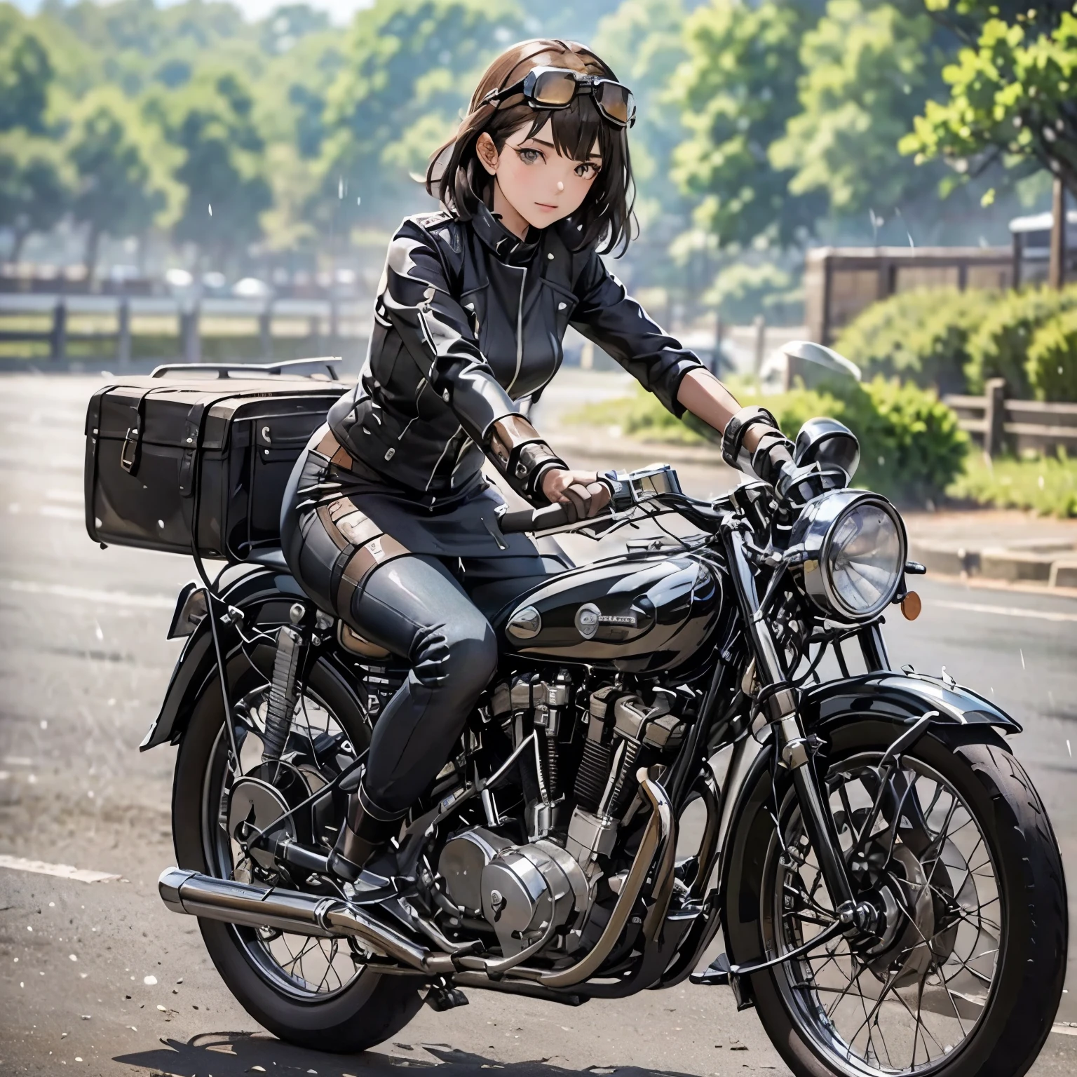 Bluff Superior SS100、(クラシックRiding on motorcycle )、(Vintage Bikes、Bluff Superior SS100)、Isle of Man Races、 (Riding on motorcycle:1.2), Beautiful young woman、18-year-old、Beautiful Face, Beautiful delicate eyes, Black Hair, Short Bob Hair,  Classic Leather Jacket、Cromwell helmet with goggles、After the Rain、English countryside、 Detailed Description、(Highest quality, masterpiece, High resolution)、8k、wallpaper
