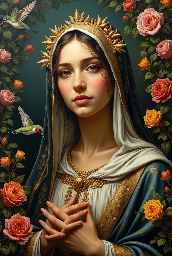 ((best quality)), ((masterpiece)), (detailed), virgin mary with jew heritage, with a hummingbird in a flower