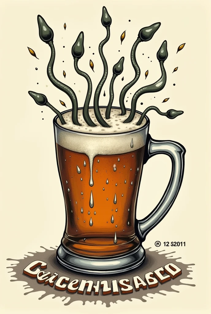 Logo with a beer mug fertilized by sperm with the text in Spanish the origin of a drunkard