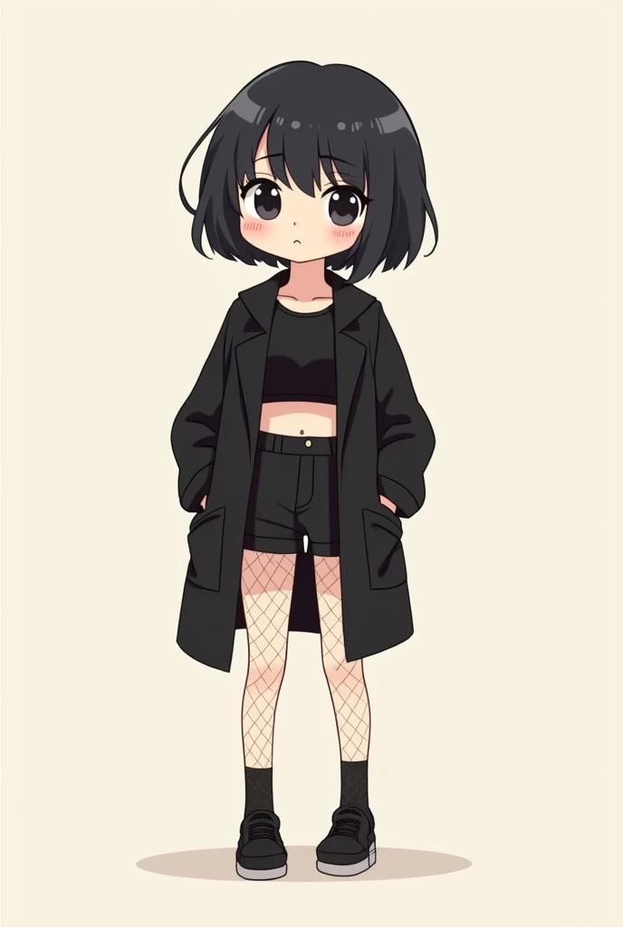 make a cute and minimalist cartoon illustration, of one with short black hair, short bangs, ela usa cropped preto, black apple watch on the arm, wears black coat, wears black shorts and fishnet stockings, make it cute