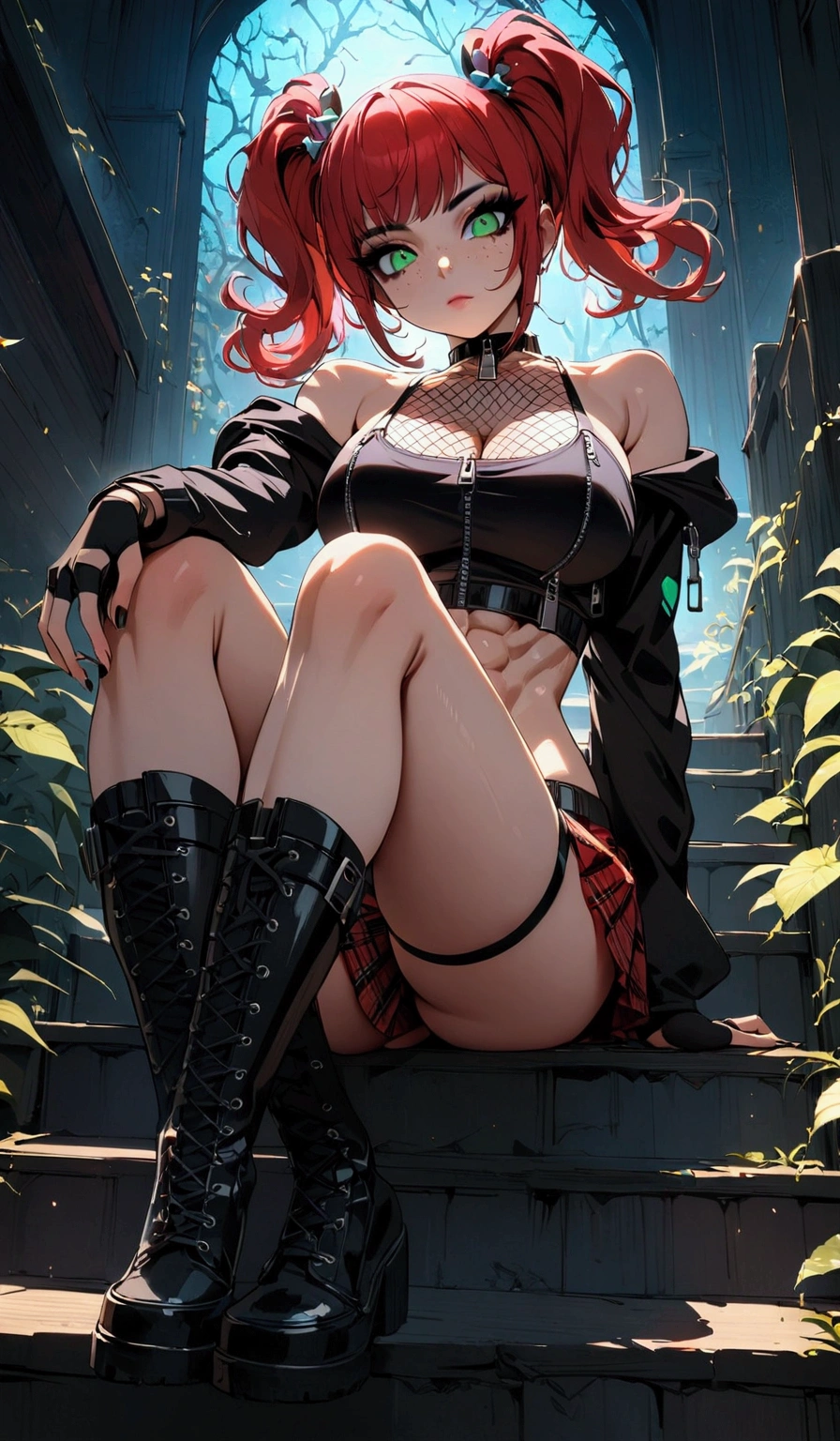 woman, stoic, curly red hair in pig tails, green eyes, black eyeshadow, wearing crop top black shirt, black oversized zipper hoodie, red plaid skirt, black knee high zipper boots, black fingerless gloves, exposed shoulders, large breasts, freckles, abs, cleavage, looking down at viewer, masterpiece, best quality, cinematic lighting, Holo-Punk Style, sitting on stairs, make up, eyelashes, fish net undershirt, fish net stockings, (full body), legs crossed