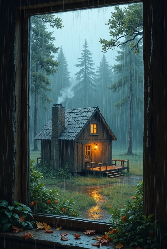 A rainy day out of a window with a cabin in the woods outside