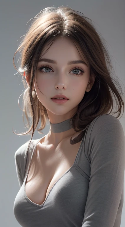 8K Ultra HD、RAWphotograph、モデルphotograph撮影、Russian Race, European racing, (masterpiece, Highest quality, photoGenuineistic, High resolution, photograph: 1.3), close, I focus, Hot Model, slim, 30 years old、Small face、Shortcuts、Dark brown hair、Beautiful eyes in every detail、Genuineな肌, (Perfect body), Sexy hot face, erotic, sexual perspective, slim, Sweat top, Beautiful eyes in every detail、Glossy Lips、Large Breasts、Cleavage、((Bright light、Dynamic Lighting、Genuine、超Genuine、 Genuineism、Genuineistic details、Cool Beauty、Cool pose、Background gray、Plain gray background,Bring your face closer