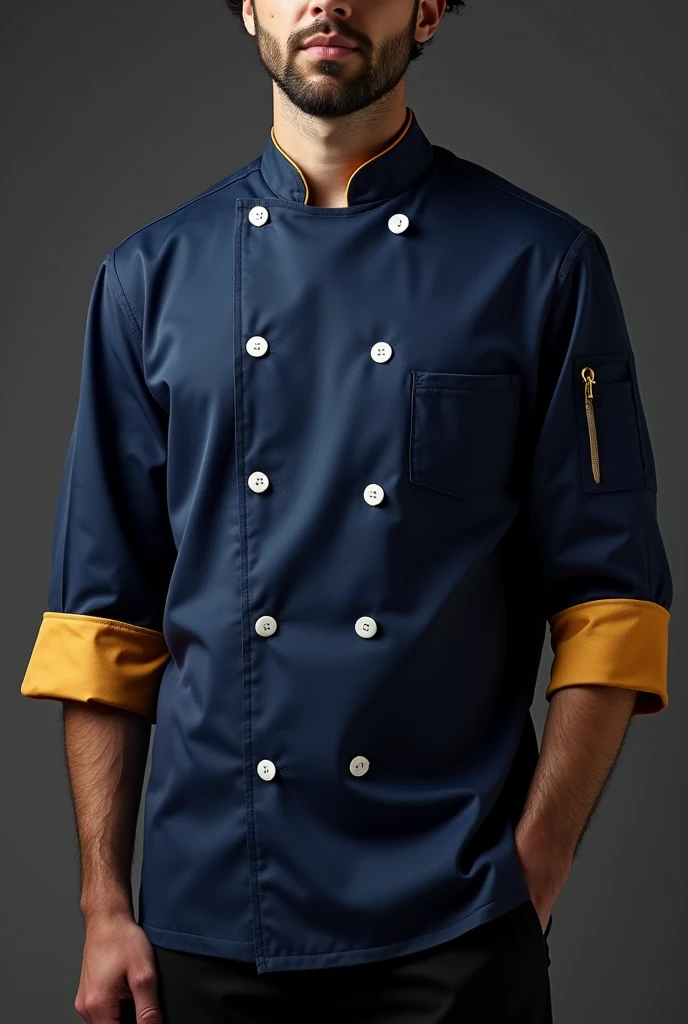 Chef jacket color: Navy blue Gold sleeves inside and white buttons
