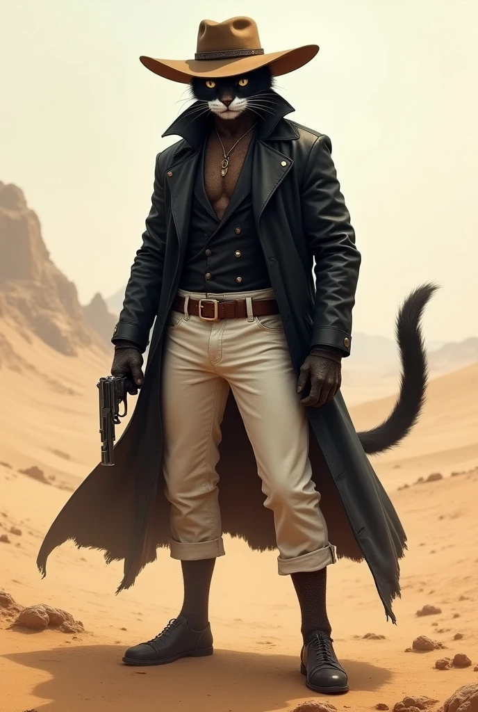 A human body cat as desert theives wearing a black jacket and a brown hat with white pant and a gun in hand