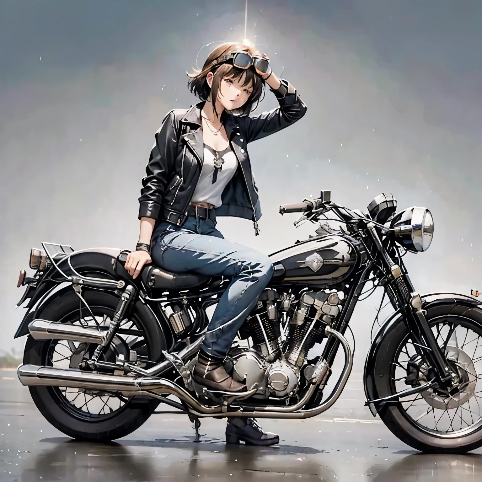 Bluff Superior SS100、(クラシックRiding on motorcycle )、(Vintage Bikes、Bluff Superior SS100)、Isle of Man Races、 (Riding on motorcycle:1.2), Beautiful young woman、18-year-old、Beautiful Face, Beautiful delicate eyes, Black Hair, Short Bob Hair,  Classic Leather Jacket、Cromwell helmet with goggles、After the Rain、English countryside、 Detailed Description、(Highest quality, masterpiece, High resolution)、8k、wallpaper
