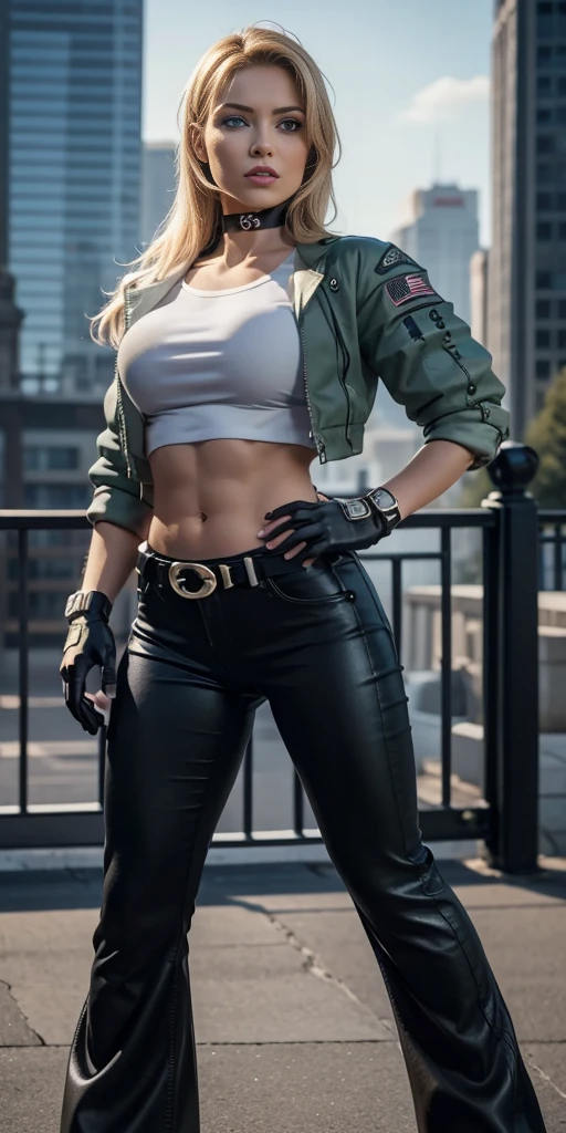 8k, masterpiece, best quality, ultra-detailed, sonyablade, 1girl, solo, long hair, blonde hair, cute blue eyes, breasts, choker, crop top, cropped green jacket, black fingerless gloves, full body, highleg panties, jacket, combat boots, lipstick, makeup, (abs:0.3), midriff, navel, black pants(Wide flares on pants:1.2),
