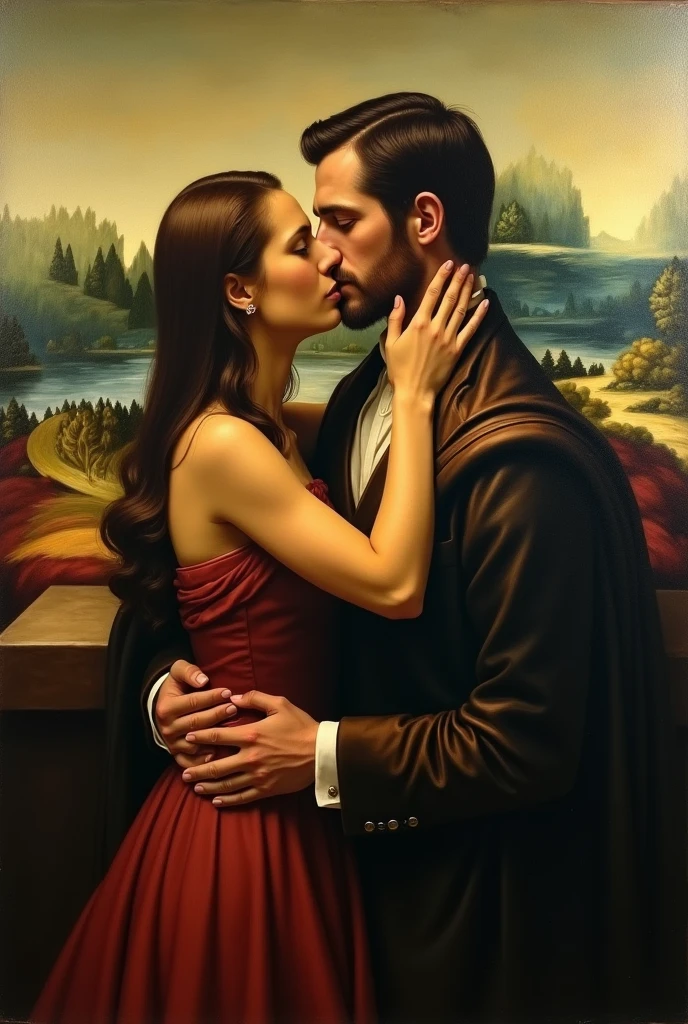 An idea for a Mona Lisa-type canvas painting but of a couple kissing with a similar background and the same theme 