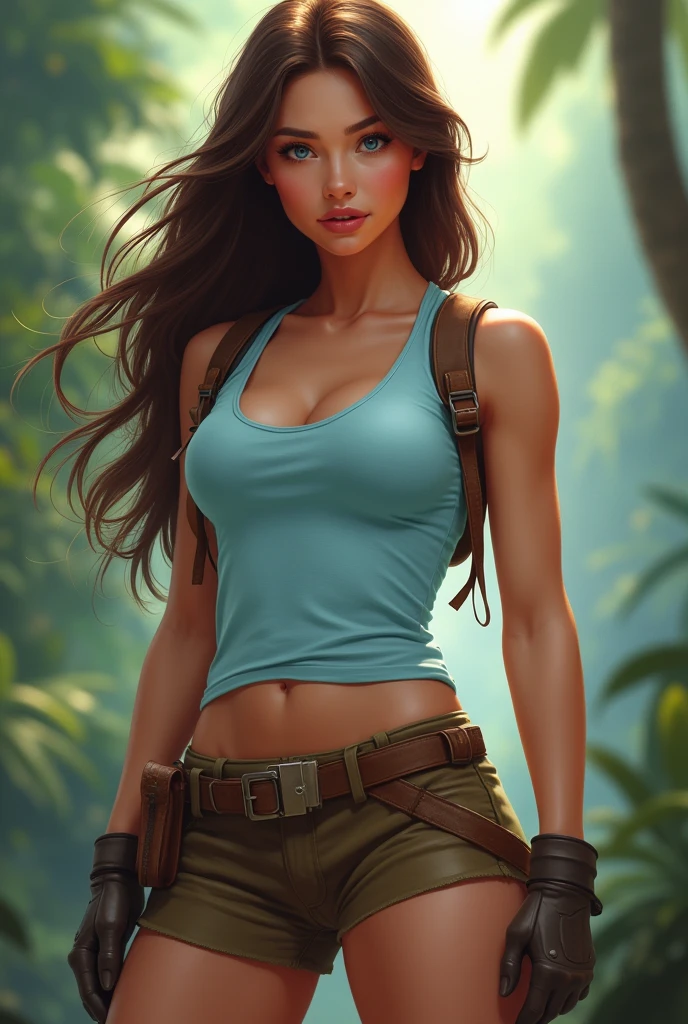 hyper-realistic digital art with soft colored strokes and oil shading, portrait of an adventurous heroine, large bust, muscular arms and legs, Artgerm and Frank Cho style, oval face, long flowing brown hair, almond-shaped blue eyes, confident expression, tight light blue top, short brown shorts, exploration gear, smooth realistic skin, dramatic lighting, blurred rainforest background.