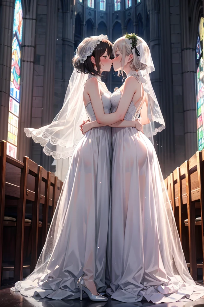 (masterpiece), 4K,{{{2 women}}}, Lace dress，Multilayer dresses，Wedding dress，Lace dress ，Lesbians around the world，shoes，headgear, wedding,church,牧師の前で誓いのkiss,kiss,Angle from a distance