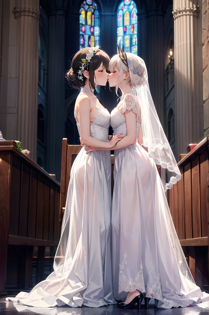 (masterpiece), 4K,{{{2 women}}}, Lace dress，Multilayer dresses，Wedding dress，Lace dress ，Lesbians around the world，shoes，headgear, wedding,church,牧師の前で誓いのkiss,kiss,Angle from a distance